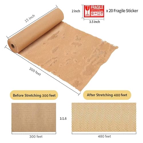 Honeycomb Packing Paper, 15"x300' Eco Friendly Packing Paper for Moving Recyclable Shipping Supplies Bubble Paper Wrapping Protective Roll, With 24 Fragile Sticker Labels (Pack of 2) - color: Brown, size: 15"x300' (Pack of 2)