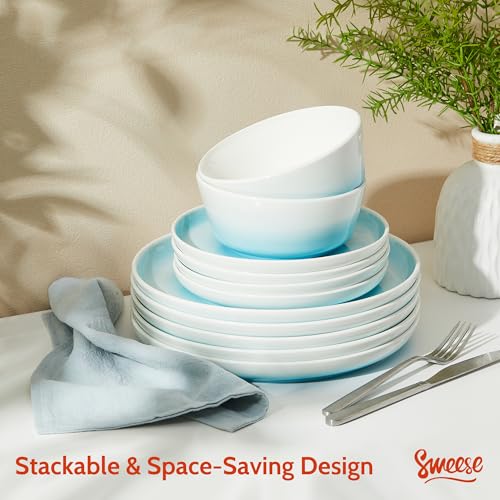 Sweese Porcelain Dinnerware Sets, Handpainted Plates and Bowls Set for 6, Scratch Resistant Dinner Set, Dishwasher and Oven Microwave Safe Dishes Set, Blue - color: Blue