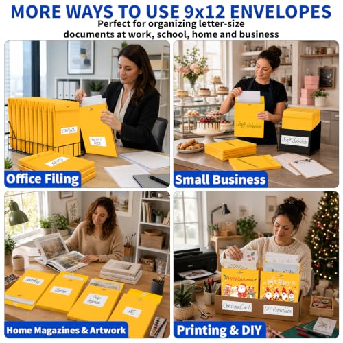 50 Pack 9x12 In Expanding Manila Envelopes with Reusable Clasp and Gummed Seal 180 GSM Heavyweight 1.2'' Expansion Yellow Envelope Folder 8.5 x 11 Letter Size for Home School Office Filing Storage - size: 50pcs-9x12in