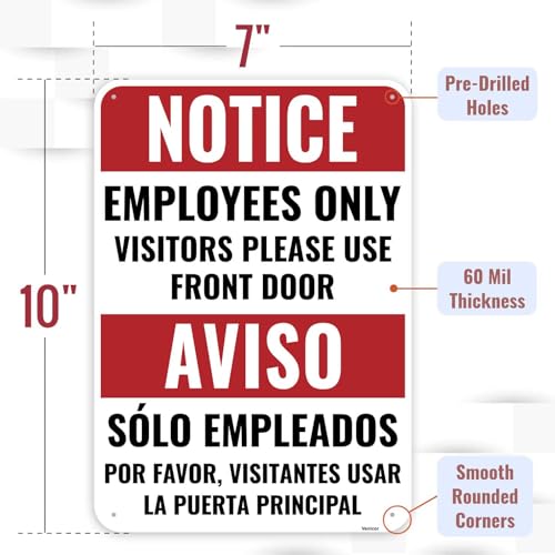 1PC Employee Entrance Only Sign Bilingual, 10 x 7 Inches - Aluminum - Visitors Please Use Front Door - Employees Staff Only Beyond This Point Private Entrance - color: 10" x 7"