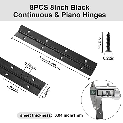 8 Pack 8 Inch Piano Hinge, Heavy Duty Continuous Hinge with Holes for Cabinets Boat Marine Door, 304 Stainless Steel 0.04" Leaf Thickness 1.2'' Open Width (Black) - size: 8 Inch