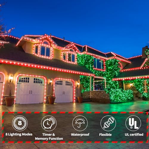 200ft LED Rope Lights Outdoor, 1440 LED Connectable and Flexible Tube Lights with 8 Modes, Waterproof LED Rope Lighting for Garden Patio Pool Bedroom PartyIndoor Outdoor Christmas Decor (Red & Green) - color: Red & Green, size: 200ft