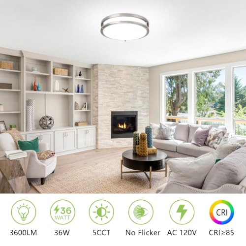 2 Pack 36W Ceiling Light Fixture Brushed Nickel, 13in LED Ceiling Light, Flush Mount Light Fixture, 5CCT 3000K-6000K Ceiling Lights for Bedroom Bathroom Stairwell Kitchen Super Bright 3600 LM - color: Brushed Nickel, size: 13 inch