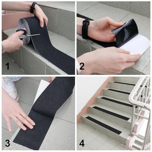BOMEI PACK Black 4 Inch Wide Anti Slip Traction Tape, 4 Inch x 16.5 Feet - Best Grip, Friction, Abrasive Adhesive for Stairs, Tread Step, Indoor, Outdoor - color: Black