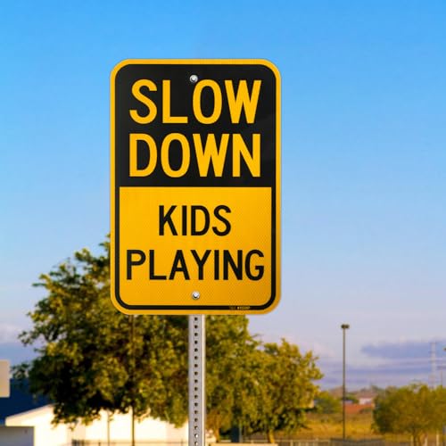 T&R (2 Pack) Slow Down Kids Playing Sign, 18" x 12" Engineer Grade Reflective Sheeting, Rust Free Aluminum, Weather Resistant, Waterproof, Fade Resistant, 2 Pre-drilled Holes - color: 18" x 12" - 2 Pack - Slow Down Kids Playing