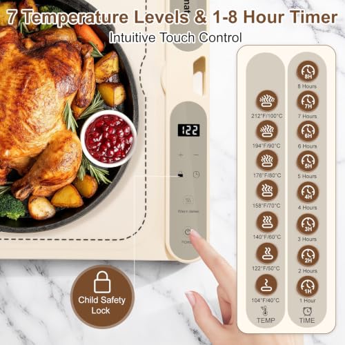 Warming Mat for Food 23.6"x15", Silicone Electric Food Warming Tray with Full Surface Heating, 7 Temperature Settings, 8H Timer, Child Lock & Roll-Up Design for Family Dining, Parties - color: Beige, size: 23.6"x15"