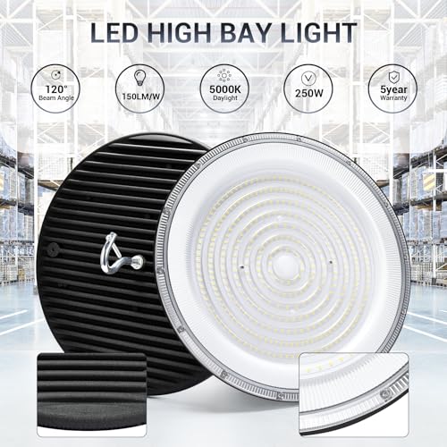 XYCN 6 Pack 250W UFO Led High Bay Light,120VAC,5000K Daylight Commercial Bay Lighting,IP66 Waterproof,41050LM,1150W MH/HPS with Plug Area Lighting for Warehouse/Shop/Workshop/Barn/Gym/Factory - size: 251W 6pack UFO high bay light
