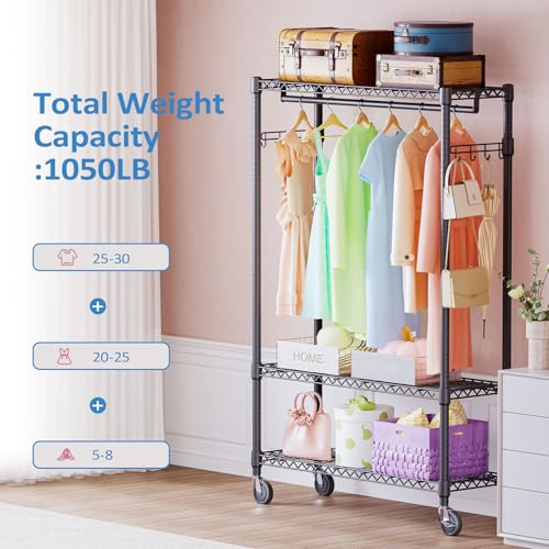 IZEUK Heavy Duty Rolling Garment Rack Wire Clothes Rack for Hanging Clothes (Black, 3 Tier with 1 Rod, 15.7" D x 45.3" W x 75.6" H) - color: Black, size: 3 Tier with 1 Rod, 15.7"D x 45.3"W x 75.6"H
