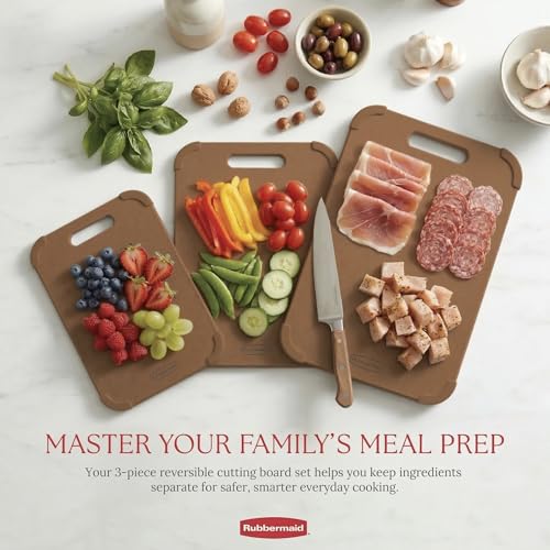 Rubbermaid 3pc Reversible Wheat Fiber Cutting Board Set | BPA Free Non Toxic Cutting Boards for Kitchen – Dishwasher Safe, Non-Slip Corners & Lightweight | For Meat, Veggies & Fruits - color: Mocha Mousse