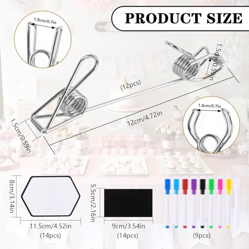 12 Pcs Metal Double Sided Sign Clips, Sliver Reusable label holders clips with 9 Colored Markers & 28 Laminated Erasable Cards for Table Numbers, Retail Display, Menu, Photo-Clip-On Sign Holders (Sliver) - color: sliver