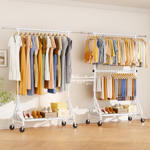 Heavy Duty Clothes Rack for Hanging Clothes, Double Rods Clothing Rack with Lockable Wheels, Rolling Garment Racks with Shelf, Easy to Assemble, White - color: White, size: Doule Rods