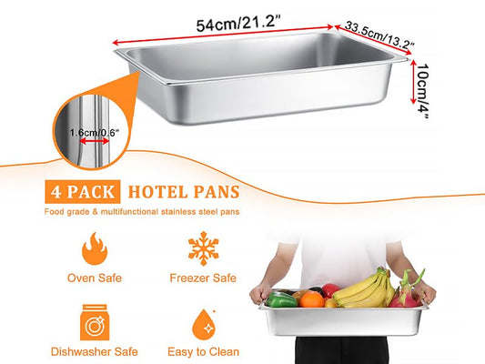 4 Pack Hotel Pans 1/1 Full Size 4 Inch Deep,Stainless Steel Food Pan