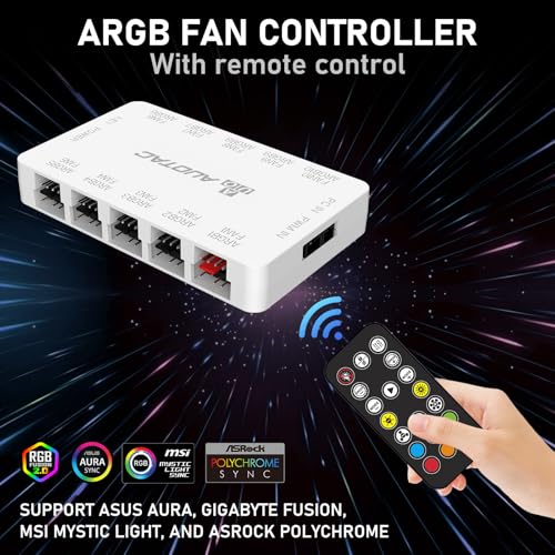 ARGB PWM Fan Hub with RF Remote Controller for PC Build, (Connect Ten Case Fans, 5V 3Pin ARGB & 12V 4Pin PWM Fan Connector, Stable Dual SATA Power Input, Magnetic Suction), Black - color: White
