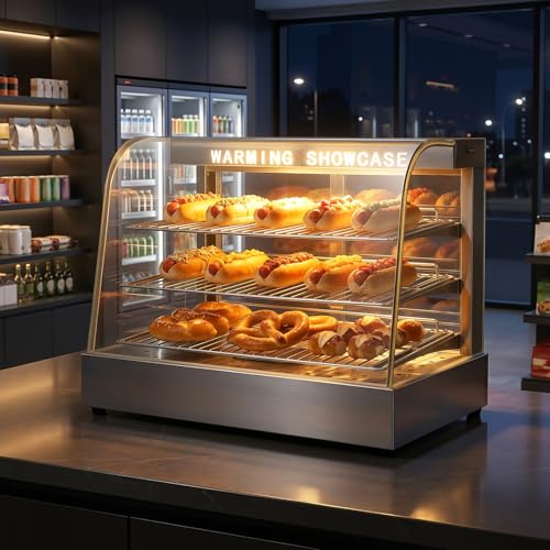 26'' Commercial Food Warmer, 3-Tier Electric Countertop Display Pretzel Warmers, Food Showcase with Tempered Glass Door & LED Light, Pizza Heated Cabinet for Restaurant/Bakery/Fast Food Shop