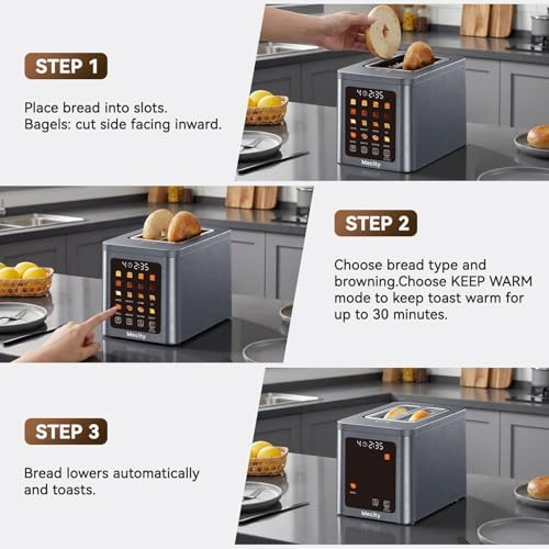 Mecity 2 Slice Smart Touchscreen Toaster, Stainless Steel Wide Slot Toasters with Auto Lift & 30-Minute Warm, Memory Function, Defrost & Auto Shutoff, Digital Electric Bread Toaster for Bagels - color: 2 Slot-Brushed stainless steel gray