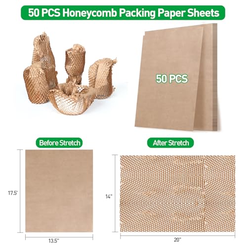 MAXECHO 50 Sheets Honeycomb Packing Paper Expanded Size 14" × 20" Unexpanded Size 17.5" × 13.5" Bubble Cushioning Wrap for Moving Shipping Products Gifts Wrapping Essential Packaging Material Supplies - size: 13.5" × 17.5"