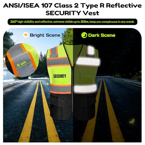 BeautyWill Custom LOGO Safety Vests Reflective Vest Class 2 ANSI with Pockets Zipper High Visibility Construction Uniform - color: 029-yellowblack-security, size: Medium
