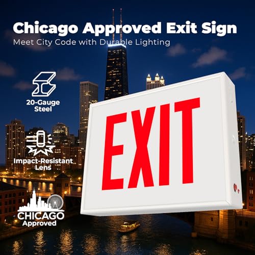 LFI Lights® Chicago Approved Exit Sign, UL 924 Listed, (No Arrow), Red LED, White, Steel Housing, Glass Panel, 120-277VAC Wall, Ceiling or Side Mount, Hardwired with Battery Backup CHEXRWBBNA - style: EXIT No Arrow