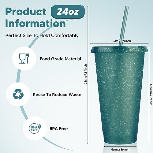 24 Pack Plastic Tumblers With Lids and Straws, Reusable Colorful Cups for Parties, Birthdays, Iced Coffee, Travel Mug, Cold Drinks (24 oz, Dark Green) - color: Dark Green-24pcs