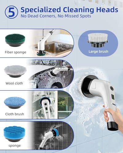 Cordless Electric Spin Scrubber with 360 RPM Power and 6 Brushes