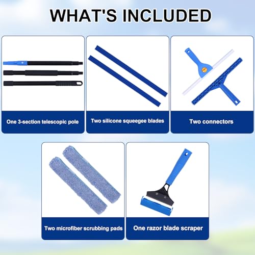 3-in-1 Professional Window Squeegee Kit with 2 Squeegee, 2 Microfiber Scrubber, 1 Razor Scraper, Thick Iron, 48.8" Window Squeegee with Extension Pole for Car, Glass, Mirror, Wall, Bathroom, Home, Van - size: 48.8inch