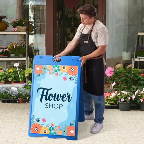 Jumbl Outdoor A-Frame Sandwich Signboard 24” x 36” Display Surface – w/PVC Sign Protector & Sand Fill Holes – Duel Display Signage Stand for Storefront Sidewalk Curb (Blue) - color: Blue
