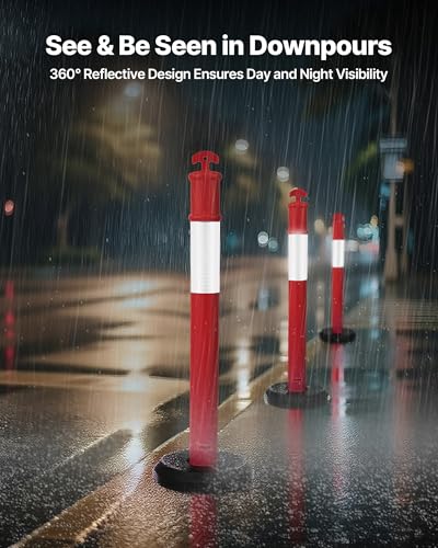 VEVOR 9 Pack Traffic Delineator Posts, 45 inches Traffic Safety Cones with Fillable Base and Reflective Strips, Heavy Duty Delineator Posts for Construction Site, Parking Lot, Crowd Control, Red