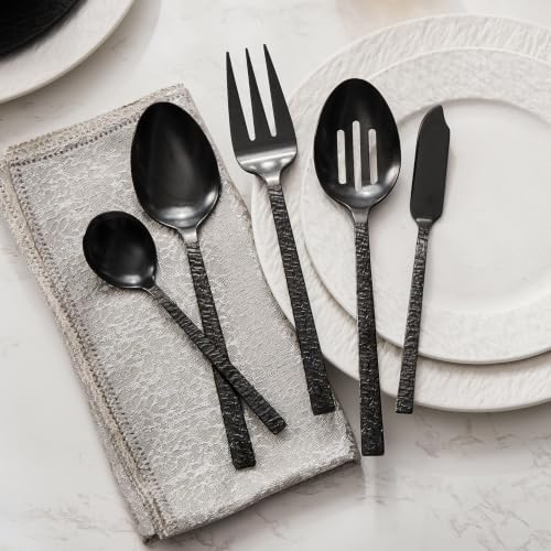 65 Pcs Black Hammered Silverware Set with Serving Utensils for 12 - color: Black, size: 65-Piece