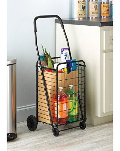 Whitmor Foldable Utility Shopping Cart with Wheels, Heavy Duty Metal Grocery Cart, Portable Foam Handle, Rolling Collapsible Trolley for Groceries, Laundry, Storage, Black - size: 18.63"L x 14"W x 38.47"H
