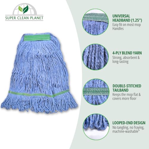 Super Clean Planet Heavy Duty Mop Head Refill (12-Pack) – Industrial Blue Cotton, Looped-End Wet Mop Heads for General, Commercial, Janitorial & Floor Cleaning - size: 12 pk