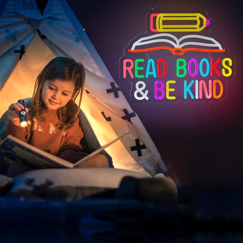 Read Books and Be Kind Neon Sign Pencil Book Neon Light Student LED Neon Light Colorful Neon Light Up Signs for Classroom Bookstore Library Museum Study Room - color: Yellow Pink