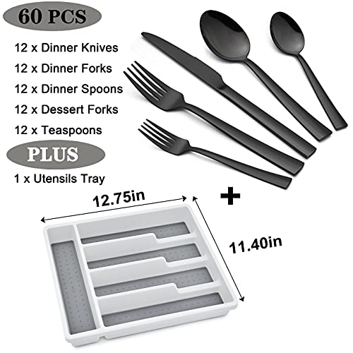 LIANYU 60-Piece Black Silverware Set with Organizer Tray, Stainless Steel Square Flatware Cutlery Set for 12, Black Eating Utensils for Home Restaurant, Dishwasher Safe, Mirror Finished - color: Black