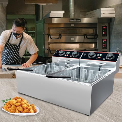 Commercial Deep Fryer with Basket, 12L Electricity Countertop Fryer Stainless Steel, 1800W Professional Food Fryer with Thermostat for Restaurant & Home, Large Capacity 12.7QT Oil Fryer, 120V - size: 11L double cylinder double screen