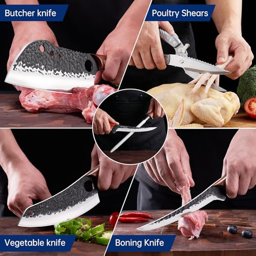KITNATS 9PCS BBQ Butcher Knife Set with Roll Bag & Shears - color: Brown-9PC Butcher Knife Set