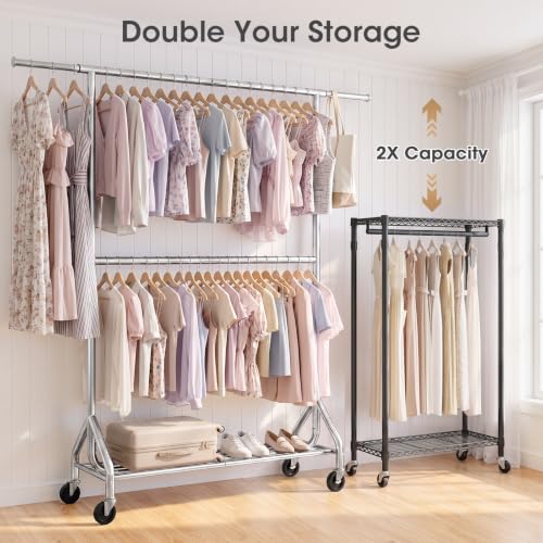 EAGMAK 622 LBS Double Rod Clothing Rack with Wheels Heavy Duty, Silver - color: Silver, size: 43.3"×18.9"×74.8"( Wheels)