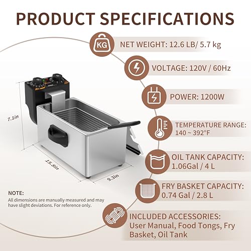 Commercial Electric Deep Fryer 4L, 1200W with Timer and Removable Tank