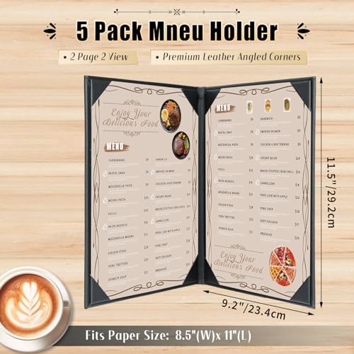 Restaurant Menu Covers Holders 8.5 X 11, 5 Pack 2 View Synthetic Leather Menu Holder Covers Book Style with Angled Corners Black for Wine List, Certificate Organizer Diploma Holder (2 Page) - size: 2 Page 2 View