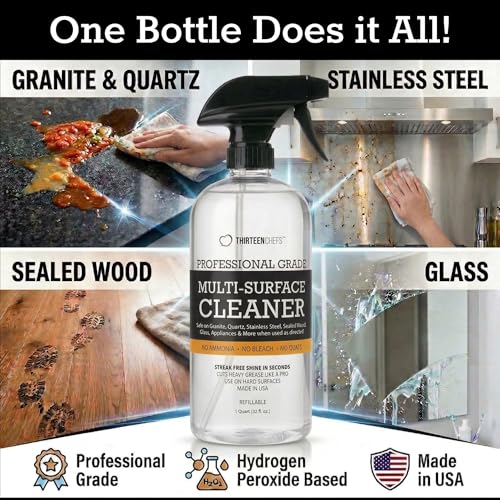 Thirteen Chefs Multi-Surface Cleaner for Granite and Quartz Countertop, Stainless Steel Appliances, Wood Furniture and Tables - 32oz Spray Bottle (32oz) - size: 32 Fl Oz (Pack of 1)