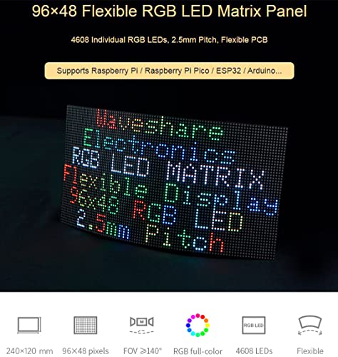 waveshare Flexible RGB Full Color LED Matrix Panel 96x48 4608 RGB LEDs, 2.5mm Pitch, Adjustable Brightness and Bendable PCB,Compatible with Raspberry Pi/Raspberry Pi Pico / ESP32 - color: 96x48-2.5MM Pitch Flexible