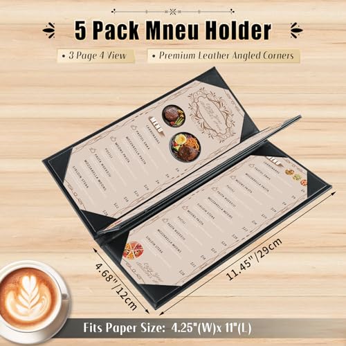 Restaurant Menu Covers Holders 4.25" x 11" | Pack of 5 Synthetic Leather Triple Fold Panels 4 View Angled Corners Black for Wine List, Drinks (5, Triple Fold Panels 4 View (4.25 x 11 inch)) - size: 3 Page 4 View