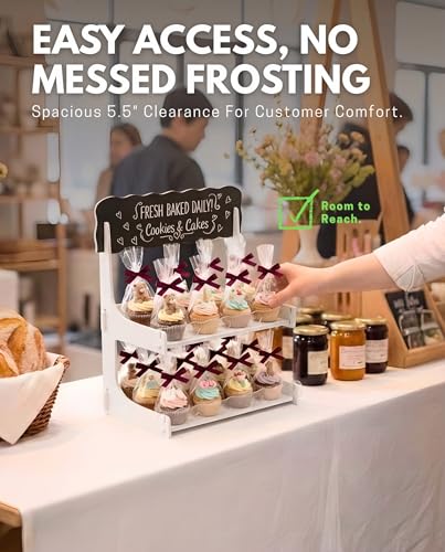 HOTCAN Cookie Display Stand for Bakers & Vendors with Acrylic Front | Wooden Dessert Stand with Chalkboard Sign for Market Booths, Craft Fairs & Events | 2 Tiered Cookie Display for Cupcakes, Muffins & Pastries (White) - color: White, size: 2 Tier