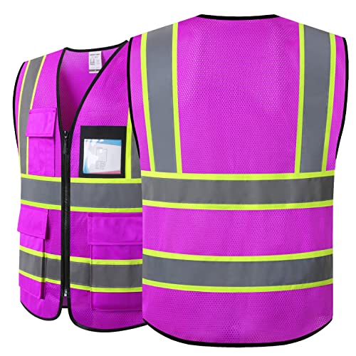 Reflective Safety Vest for Men Women Hi Vis Vest with 8 Pockets High Visibility Mesh Reflective Vest (Purple-07, Medium) - color: Purple, size: Medium