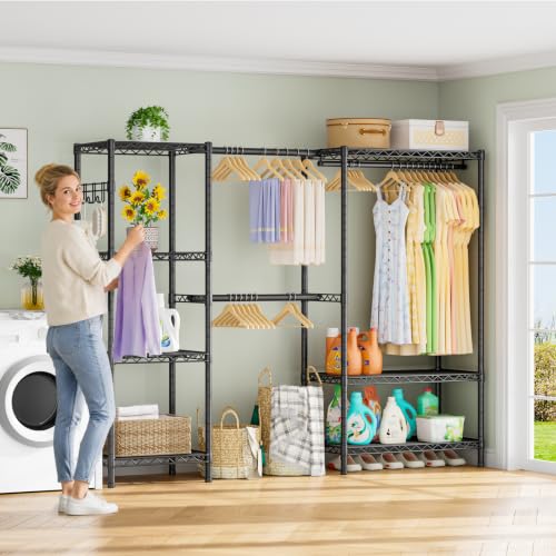 Golpart Heavy Duty Clothes Rack Metal Wardrobe with Adjustable Wire Shelves - color: Black, size: 15.75"D x (70~88.5)"W x 76.5"H