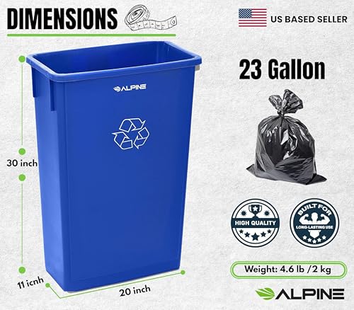 Alpine Commercial Slim Trash Can 23 Gallon - Set of 3 Tall Blue Recycle Bin – Space-Saving, Leakproof Plastic Waste Receptacles for Office, Janitorial & Public Use