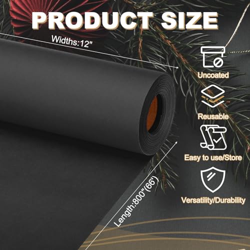 PATIKIL Wrapping Paper, 12"x800"(66') Bulletin Board Paper Roll Kraft Paper Roll Construction 80GSM for Shipping Packing Gift Wrapping Craft Flower Bouquet Christmas, Black - color: Black, size: 12x800 Inch