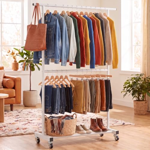 Sywhitta Double Rod Metal Clothing Garment Rack on Wheels, White - color: White, size: No mesh