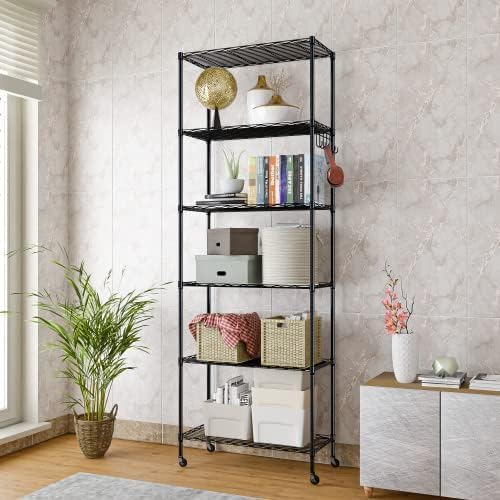 Himimi 6-Tier Storage Shelf Units, Adjustable Wire Shelving with Wheels, Metal Shelves with Stainless Side Hooks, Free Standing Shelving for Laundry Bathroom Kitchen Pantry Closet, Black - color: Black, size: 11.42"D x 21.26"W x 72.05"H, 6-Tier