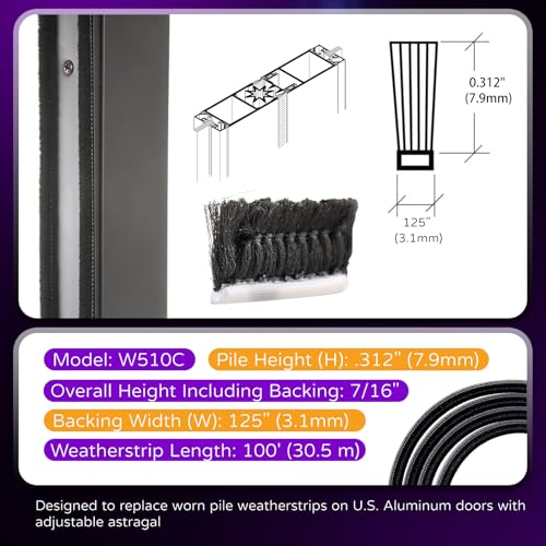 W510C .312" (7.9 mm) Adjustable Astragal Replacement Pile Weatherstrip 100FT Replace Worn Weatherstrip Pile on Adjustable Astragals - style: .312"