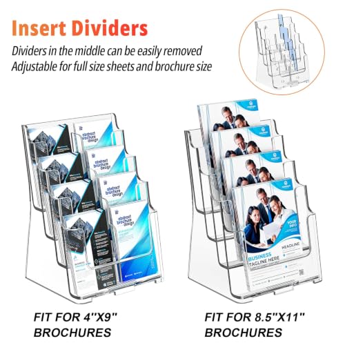 FUCDTEFC Acrylic Brochure Holder 8.5x11 & 4 x9 Inches, Clear 4 Tier Magazine Holder Brochure Display Stand w Removable Divider, Literature Pamphlet Flyer Holder for Wall Mount or Countertop - size: 4-Tier Brochure Holder
