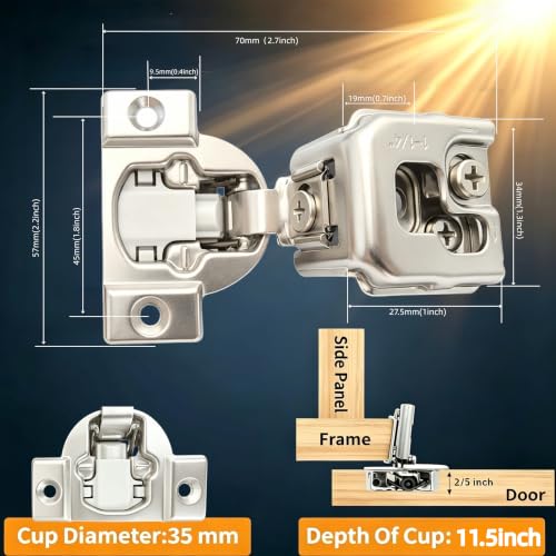 Soft‑Close 1‑1/4" Overlay Cabinet Hinges, 105 Degree 3D Adjustable Concealed Hinges, Satin Nickel Finish, for Face Frame Kitchen Cabinet Doors, 2‑Pack (1 Pair) - size: 1-1/4inch Overlay